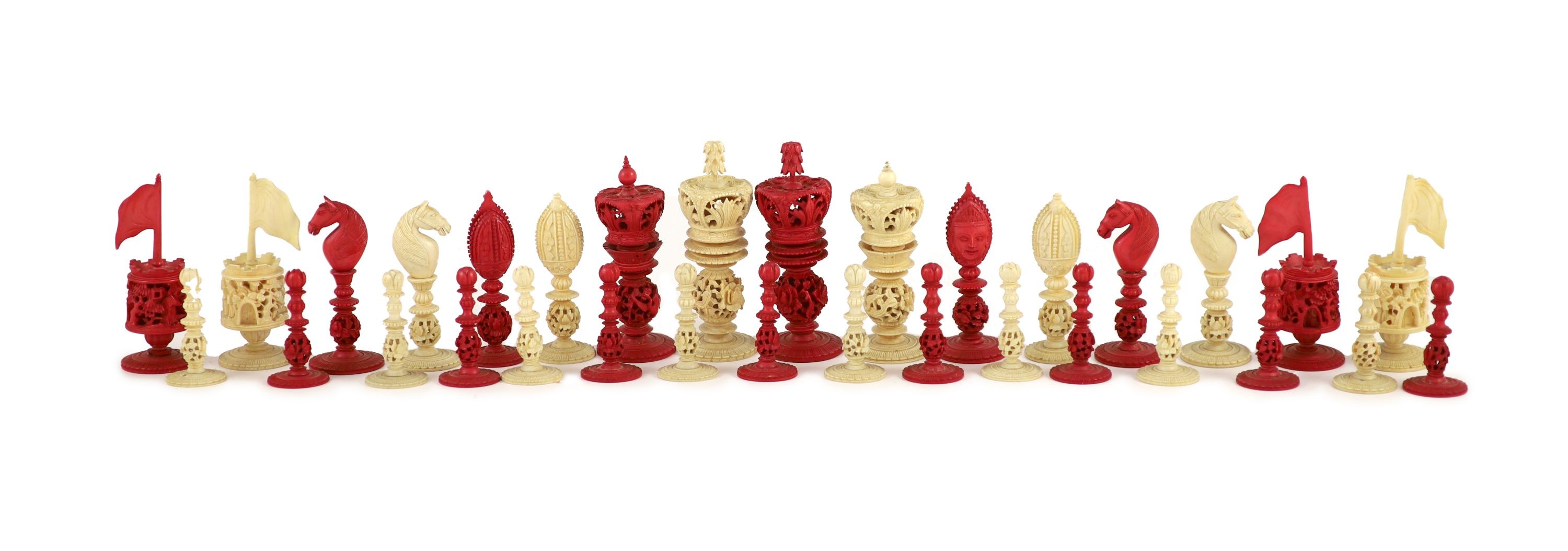 A 19th century Canton Burmese pattern ivory chess set Kings 11cm.